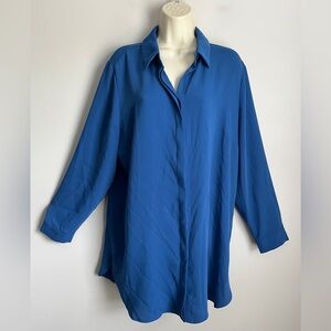Chico’s Women’s Blue Chiffon Collard Long Slv. Hidden Button Up Blouse Top Sz. 2